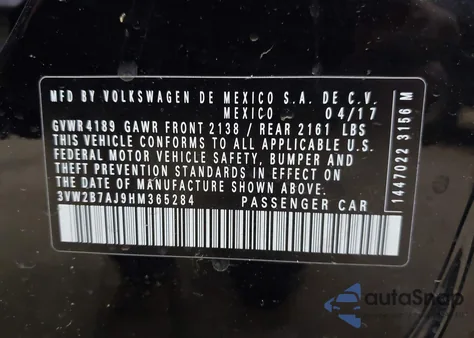 2017 Volkswagen Jetta 1.4T S from USA, damaged, VIN 3VW2B7AJ9HM365284